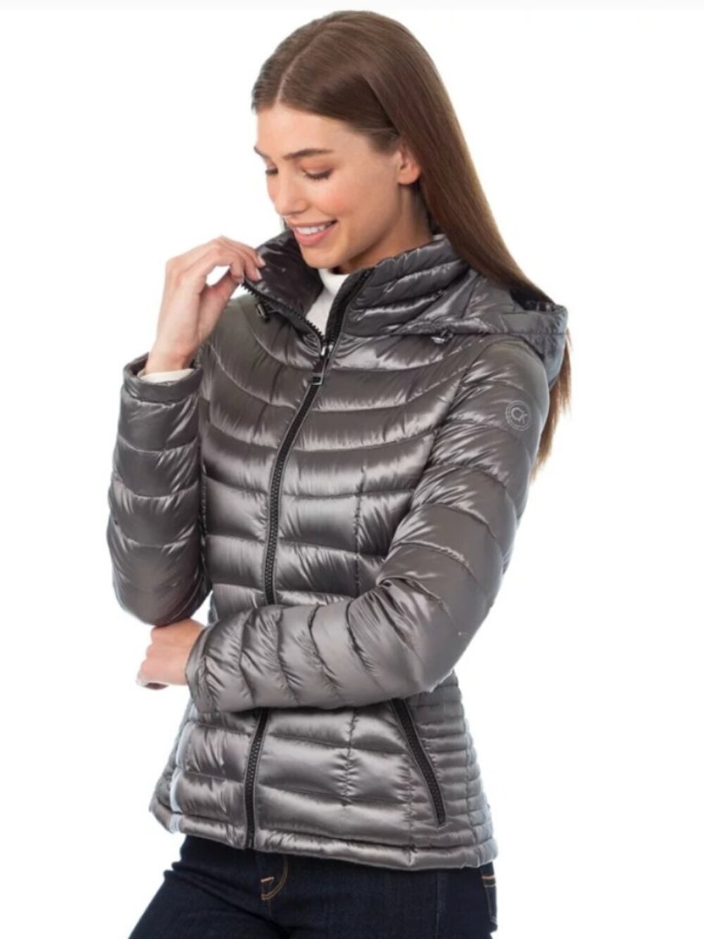 Calvin Klein Womens Plus Size 3X Packable Puffer Jacket Silver Gray Down 7° Warm
